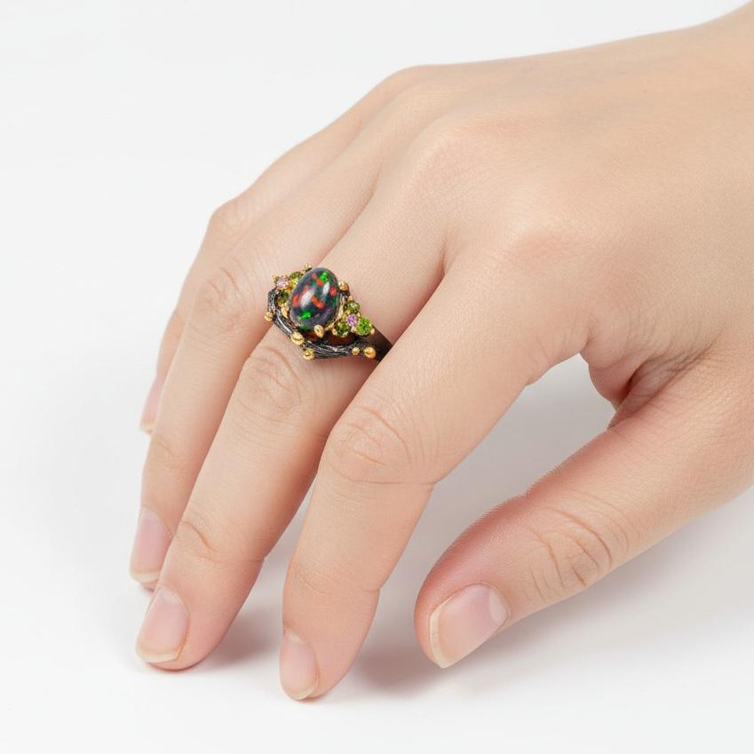 925 Sterling Silver Black Opal Ring, texture close-up