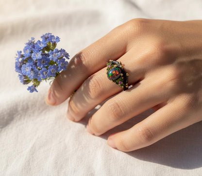 925 Sterling Silver Black Opal Ring, close-up detail