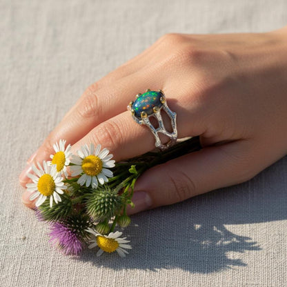 925 Sterling Silver Black Opal Ring, side view