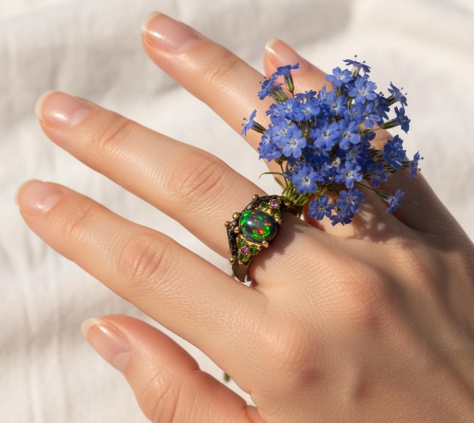 925 Sterling Silver Black Opal Ring, side view