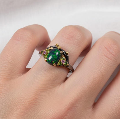 925 Sterling Silver Black Opal Ring, worn on hand