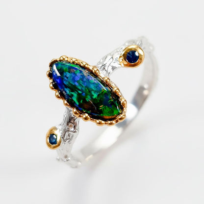 925 Sterling Silver Black Opal Ring, worn on hand