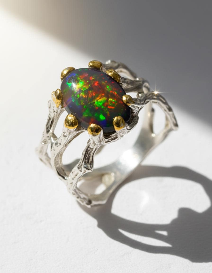 925 Sterling Silver Black Opal Ring, setting detail