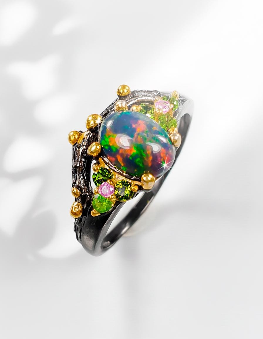 925 Sterling Silver Black Opal Ring, worn look