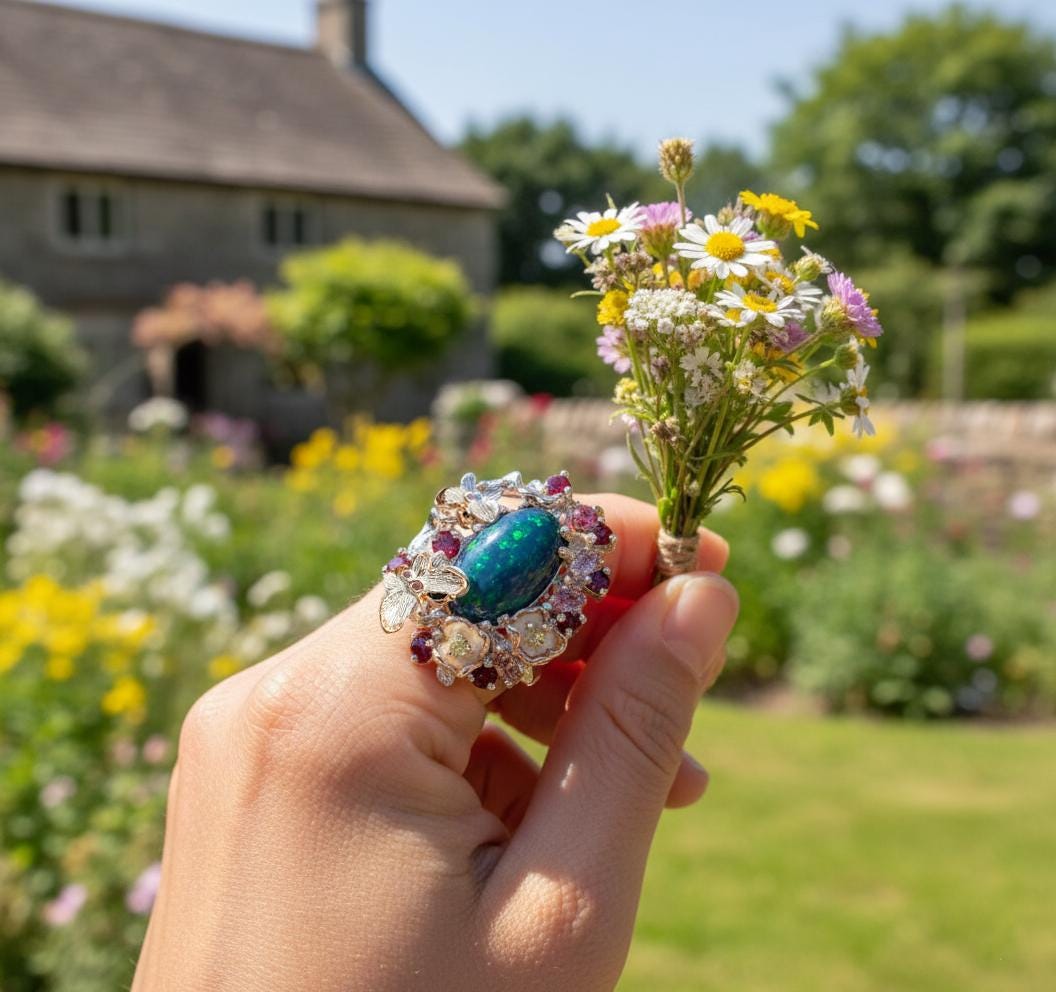 925 Sterling Silver Black Opal Ring, close-up detail