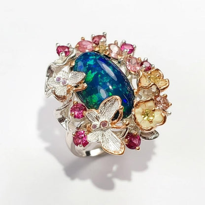 925 Sterling Silver Black Opal Ring, worn on hand