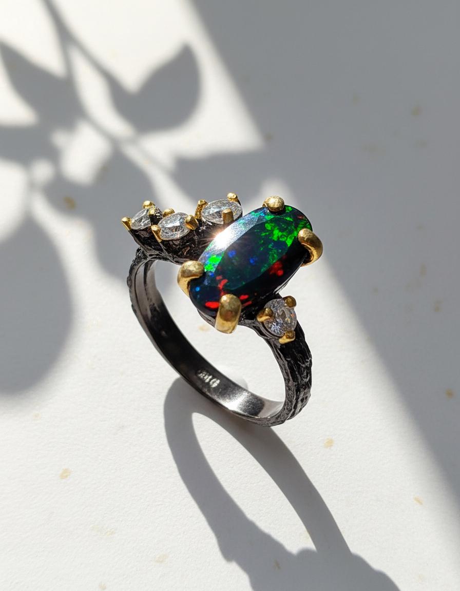 925 Sterling Silver Black Opal Ring, worn on hand