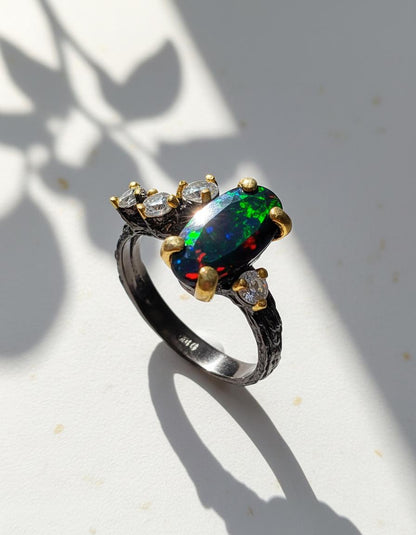 925 Sterling Silver Black Opal Ring, worn on hand