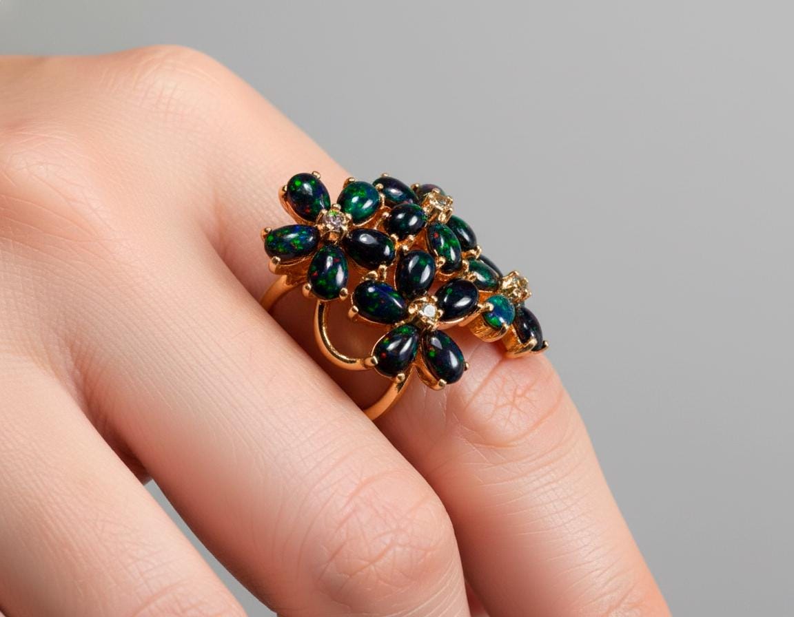 925 Sterling Silver Black Opal Ring, close-up detail