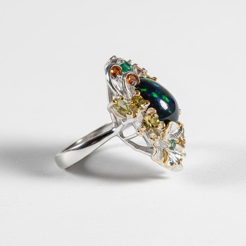 925 Sterling Silver Black Opal Ring, worn on hand