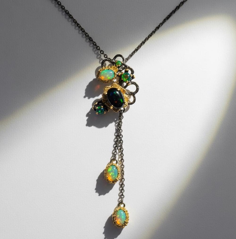 925 Sterling Silver Black Opal Necklace, close-up detail
