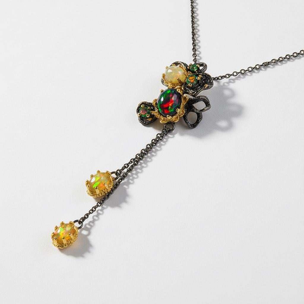 925 Sterling Silver Black Opal Necklace, worn view