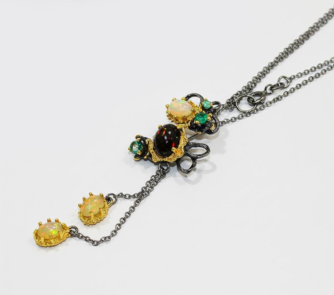 925 Sterling Silver Black Opal Necklace, layered look