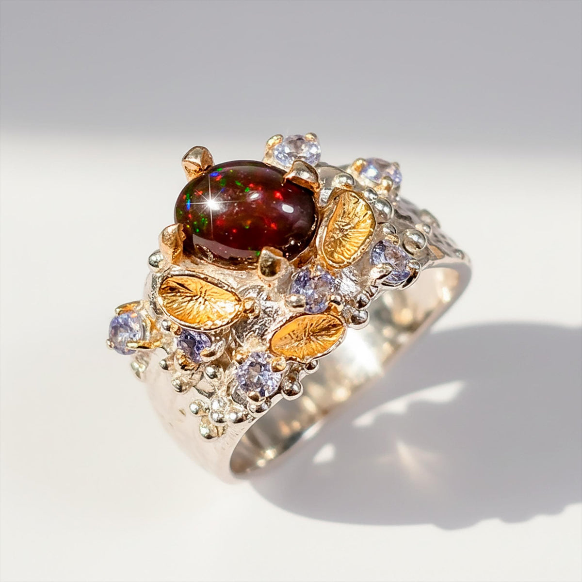 925 Sterling Silver Black Opal Ring, side view