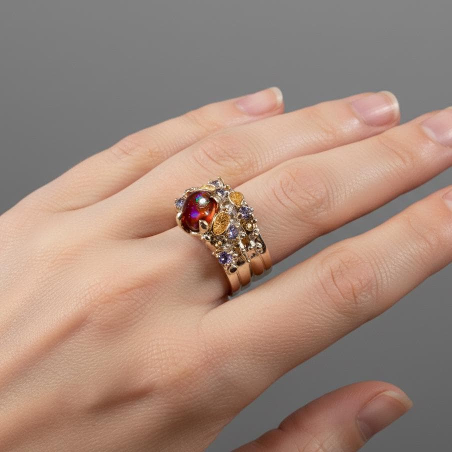 925 Sterling Silver Black Opal Ring, worn on hand