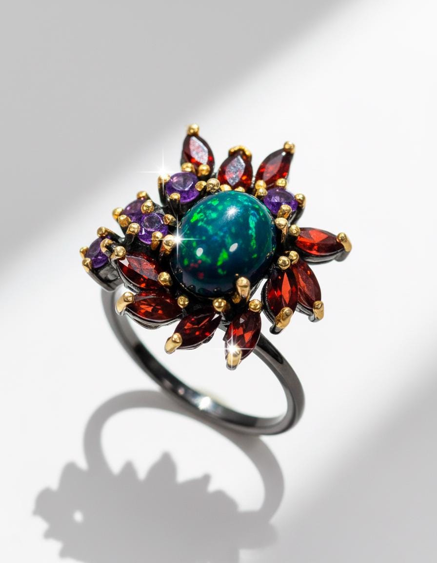 925 Sterling Silver Black Opal Ring, texture close-up