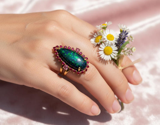 Black Opal Pear Ring, alternate angle