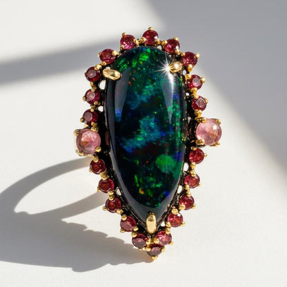 Black Opal Pear Ring, close-up detail
