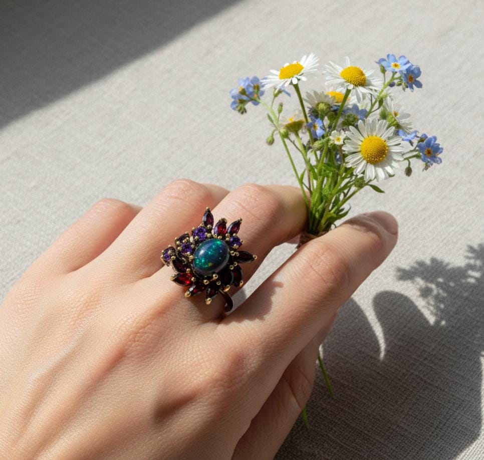 925 Sterling Silver Black Opal Ring, close-up detail