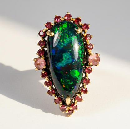Black Opal Pear Ring, side view