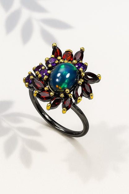 925 Sterling Silver Black Opal Ring, side view