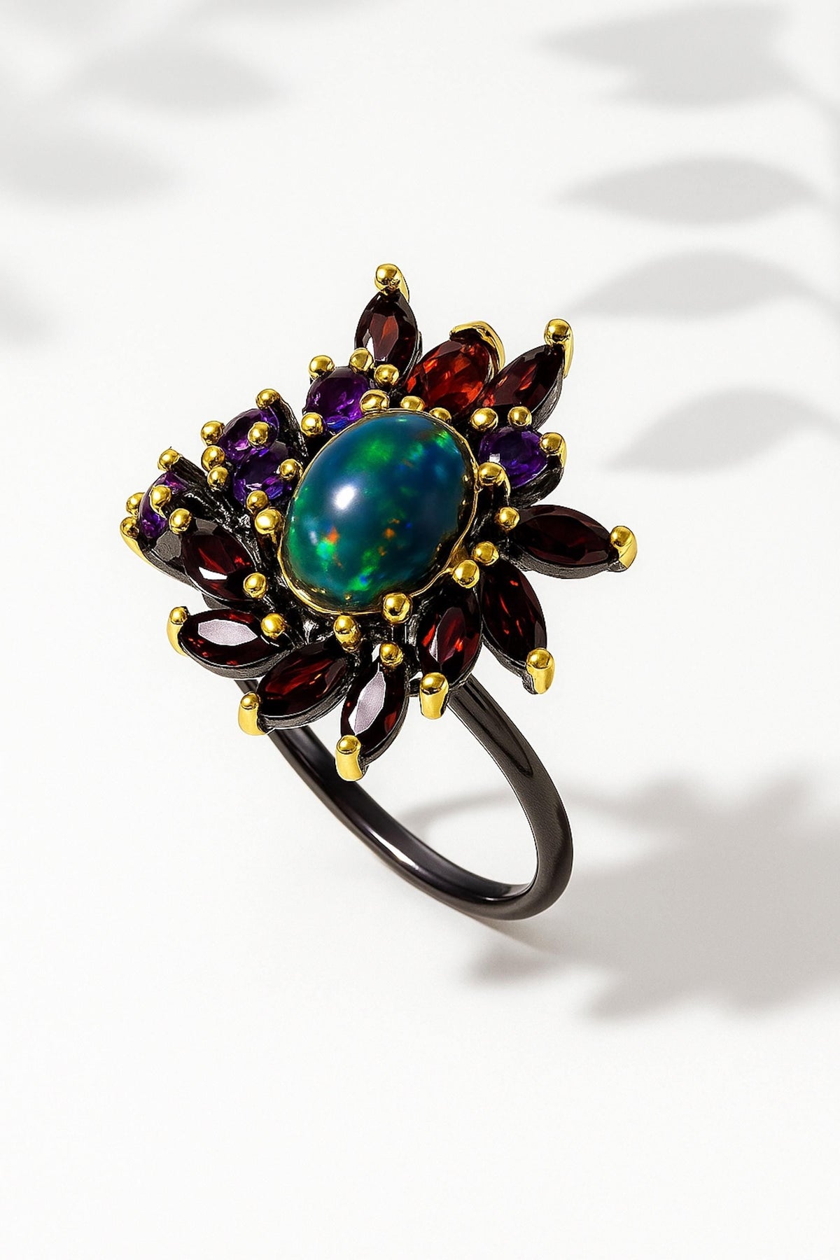 925 Sterling Silver Black Opal Ring, worn on hand