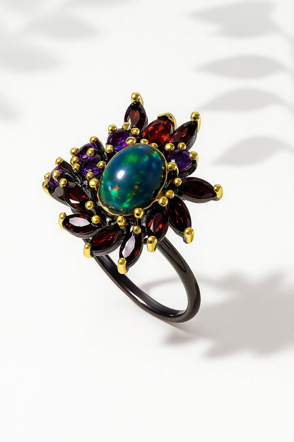 925 Sterling Silver Black Opal Ring, worn on hand