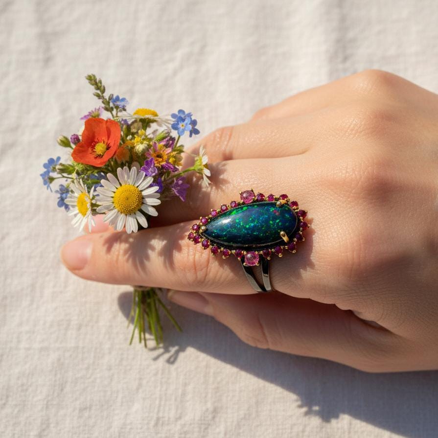 Black Opal Pear Ring, setting detail