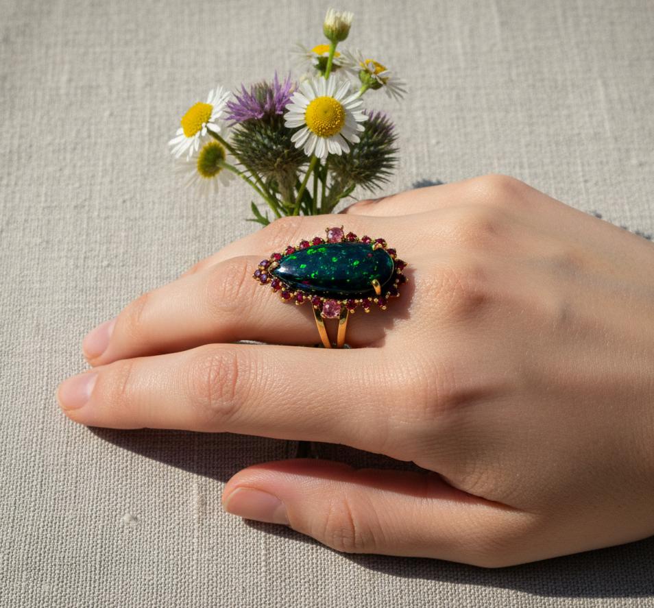 Black Opal Pear Ring, additional angle