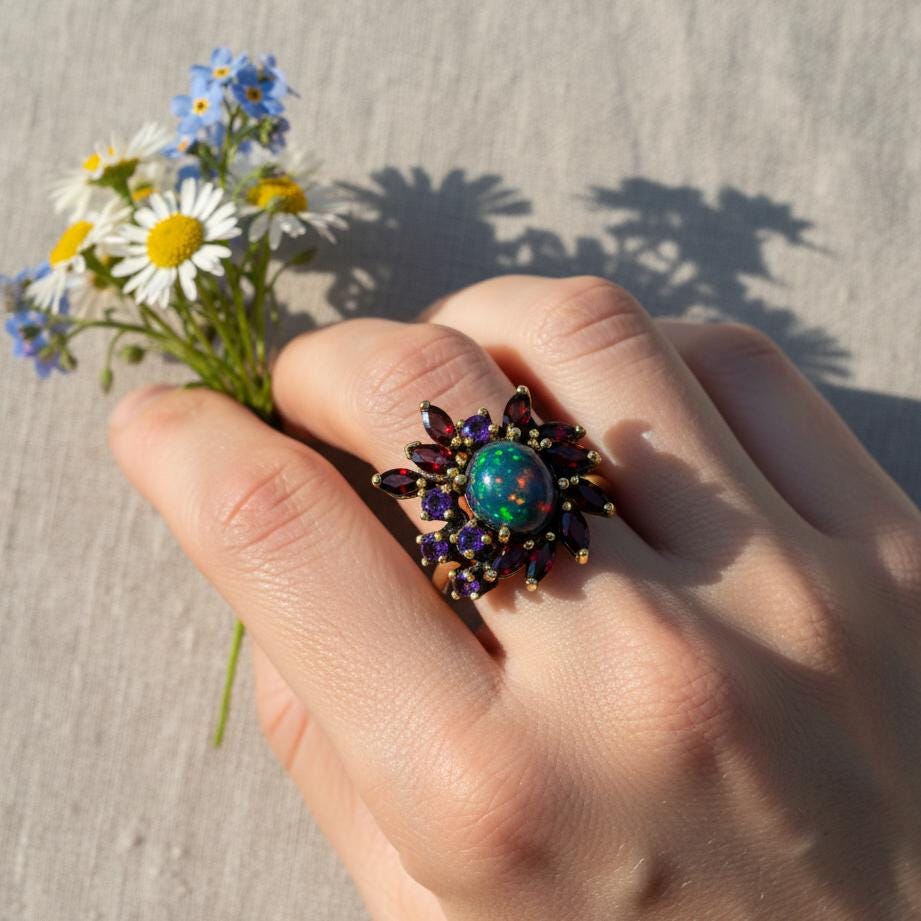 925 Sterling Silver Black Opal Ring, additional angle