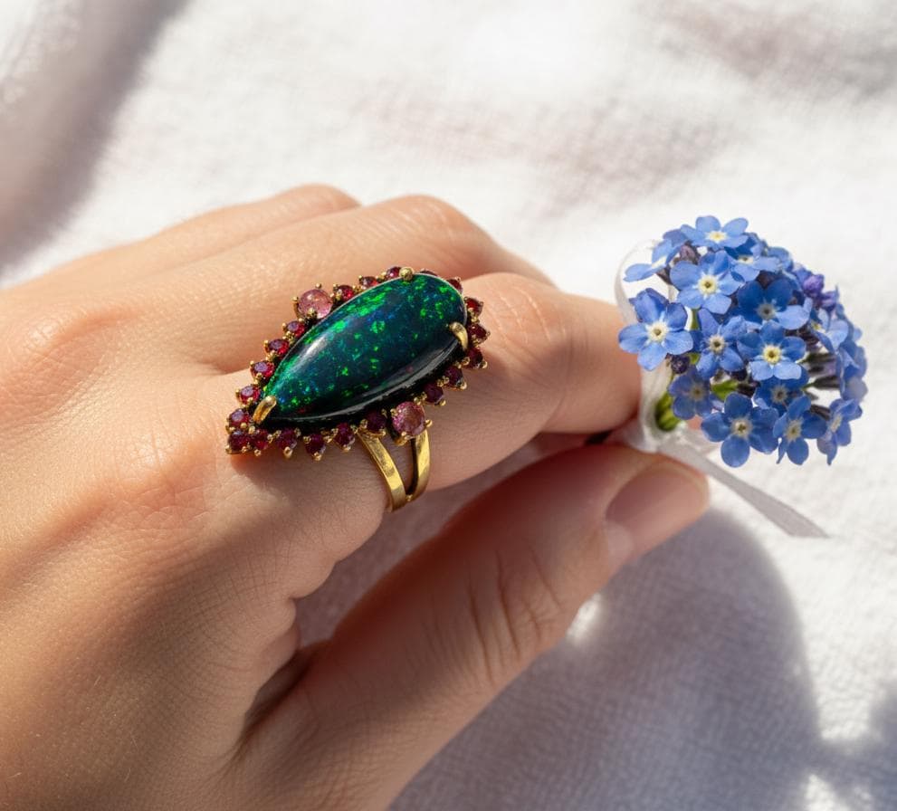 Black Opal Pear Ring, worn look