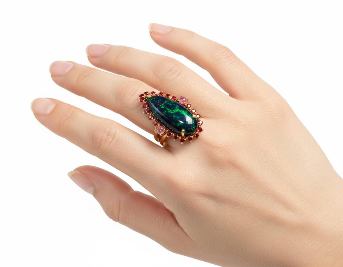 Black Opal Pear Ring, band detail