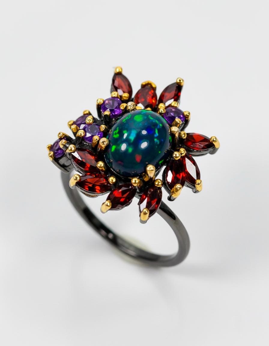 925 Sterling Silver Black Opal Ring, band detail