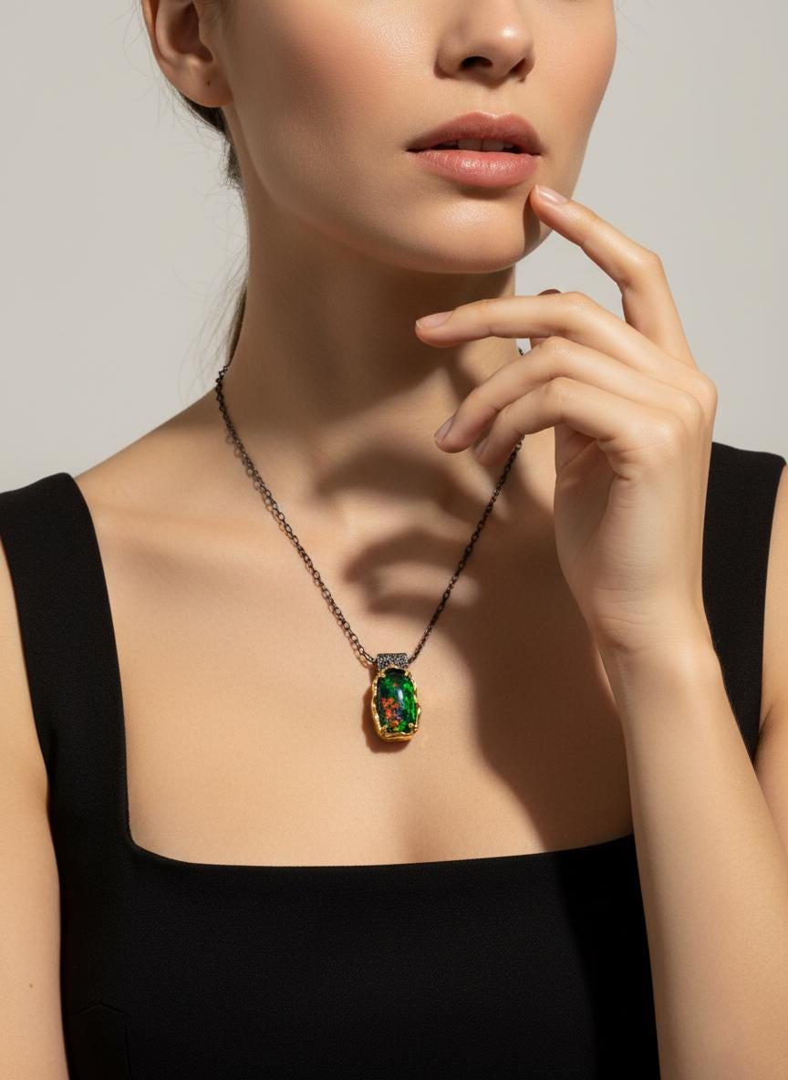 925 Sterling Silver Black Opal Necklace, worn view