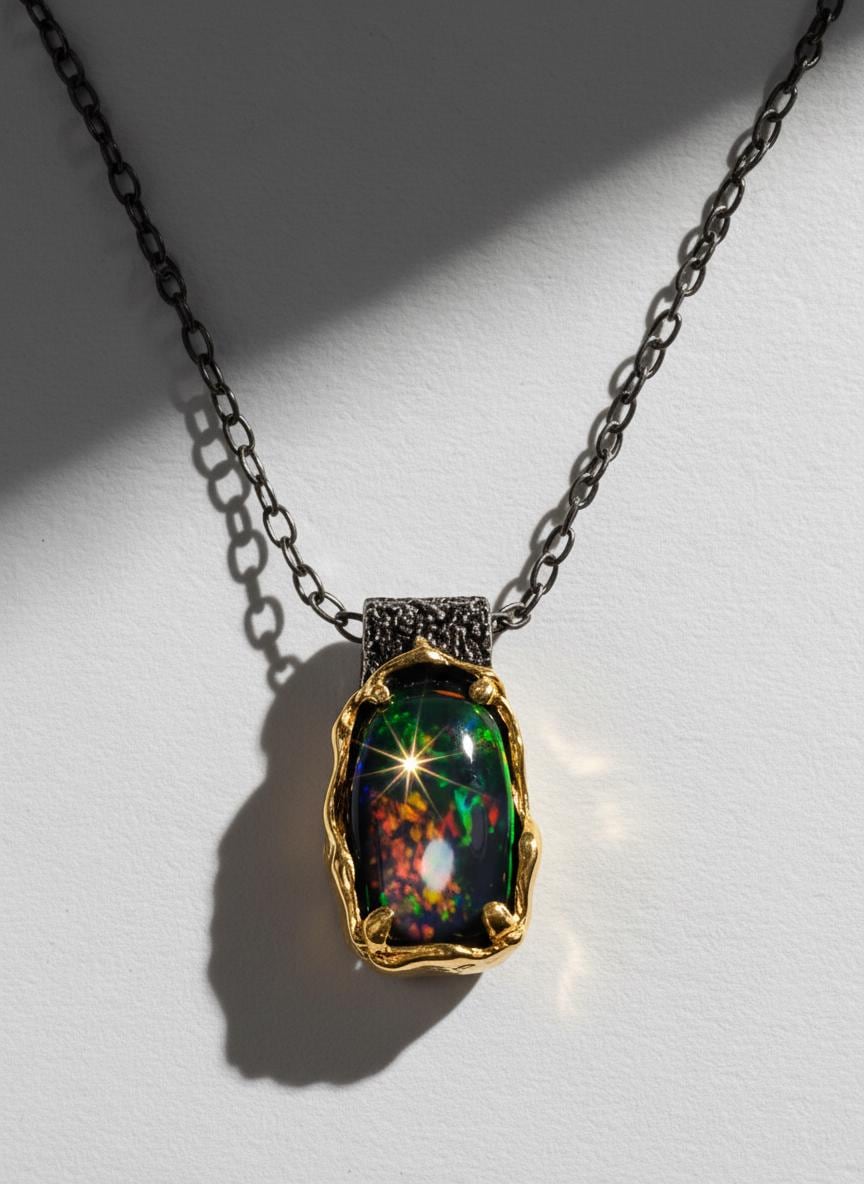 925 Sterling Silver Black Opal Necklace, pendant detail