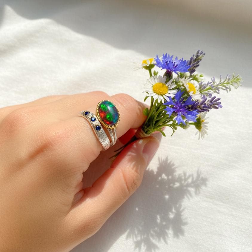 925 Sterling Silver Black Opal Ring, close-up detail