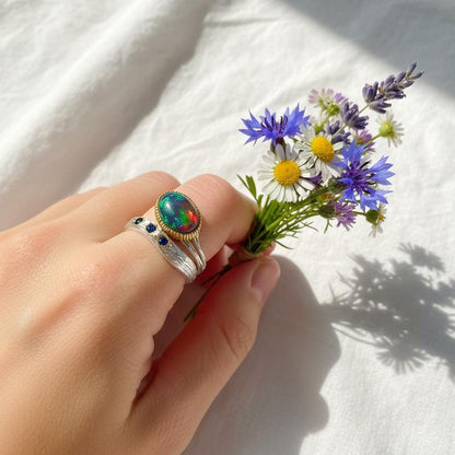 925 Sterling Silver Black Opal Ring, side view
