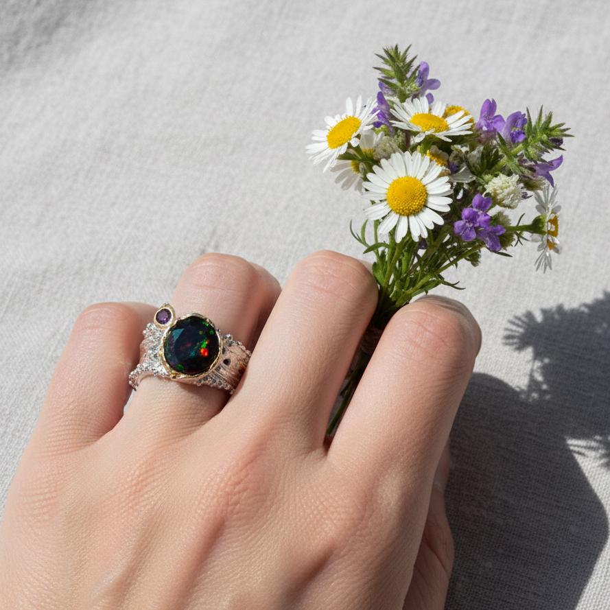 925 Sterling Silver Black Opal Ring, setting detail