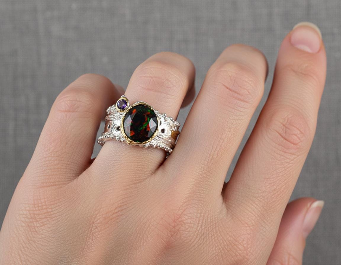 925 Sterling Silver Black Opal Ring, additional angle