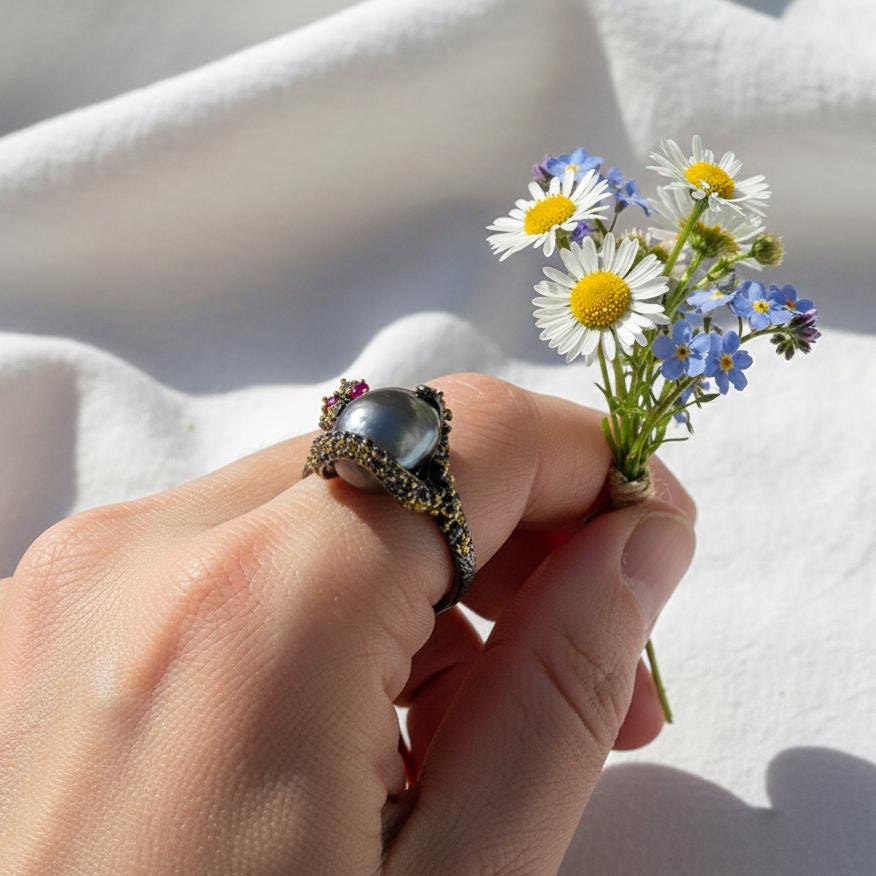 925 Sterling Silver Black Pearl Ring, close-up detail
