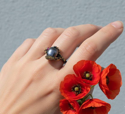 925 Sterling Silver Black Pearl Ring, worn on hand