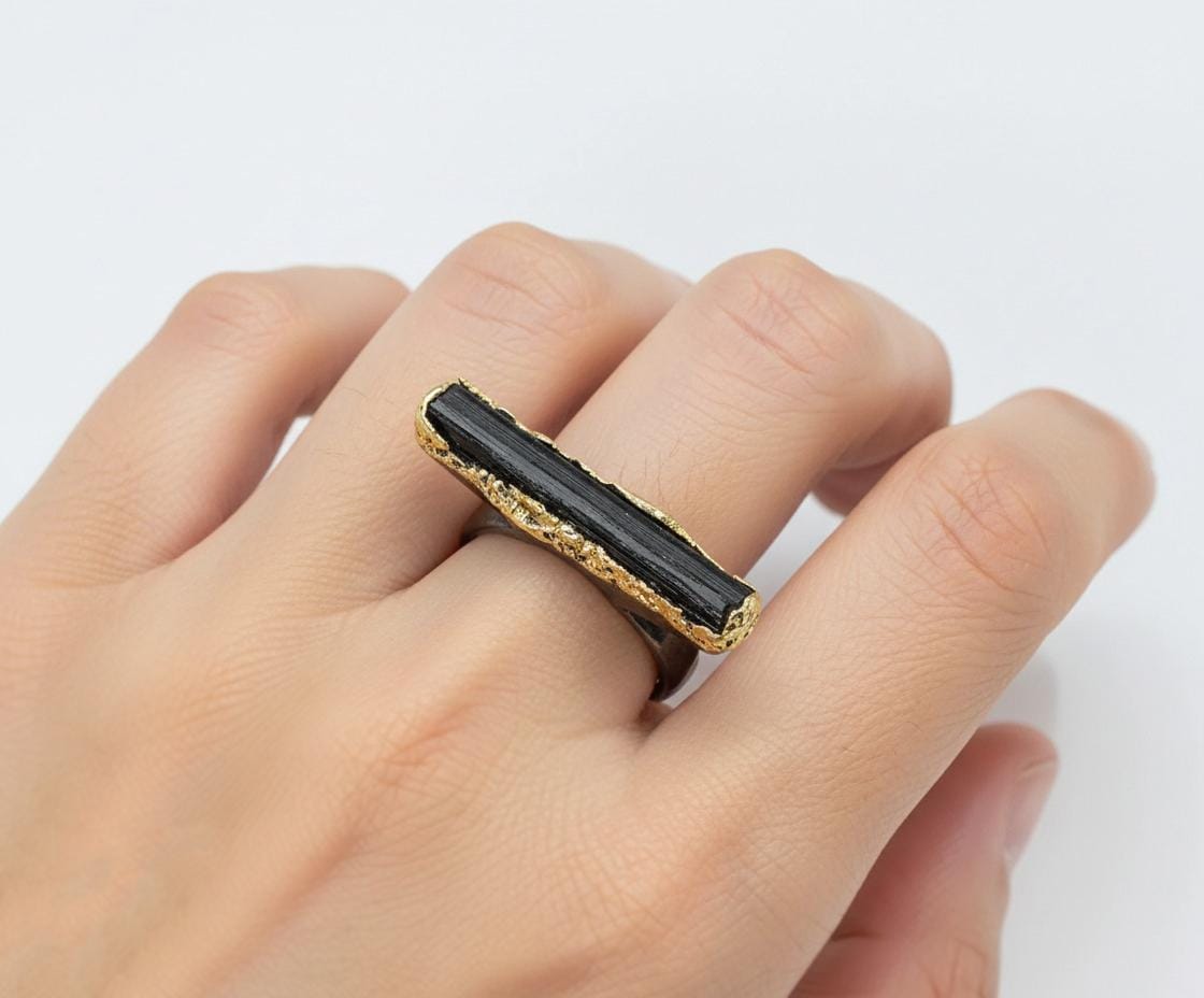 925 Sterling Silver Black Tourmaline Ring, close-up detail