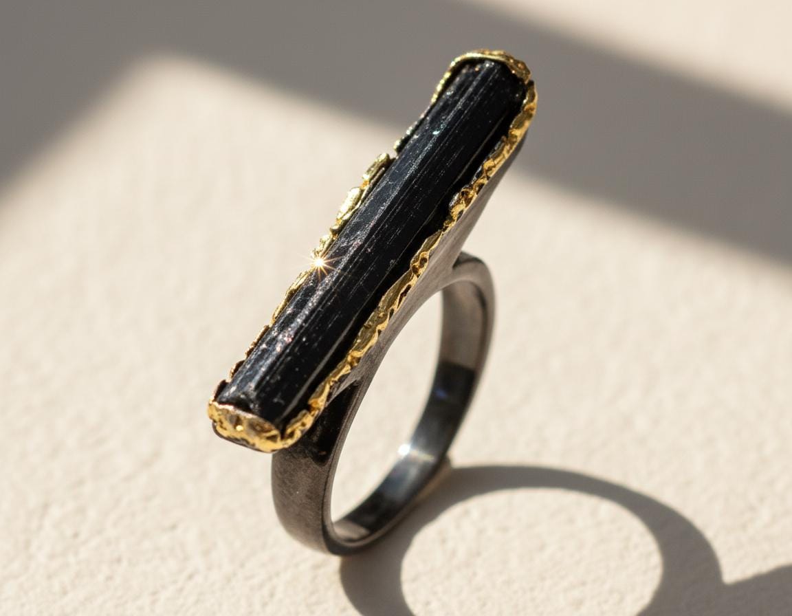 925 Sterling Silver Black Tourmaline Ring, worn on hand