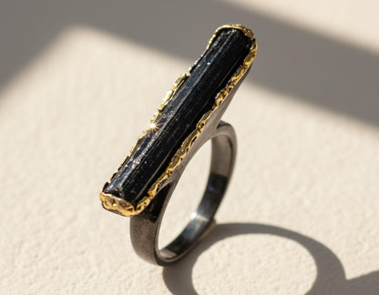 925 Sterling Silver Black Tourmaline Ring, worn on hand