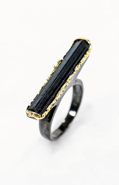 925 Sterling Silver Black Tourmaline Ring, worn look