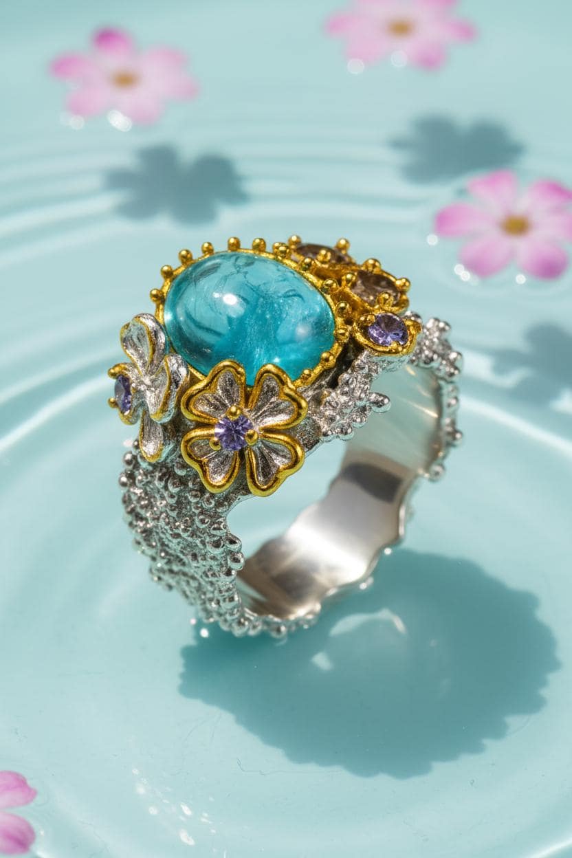 925 Sterling Silver Blue Apatite Ring, close-up detail