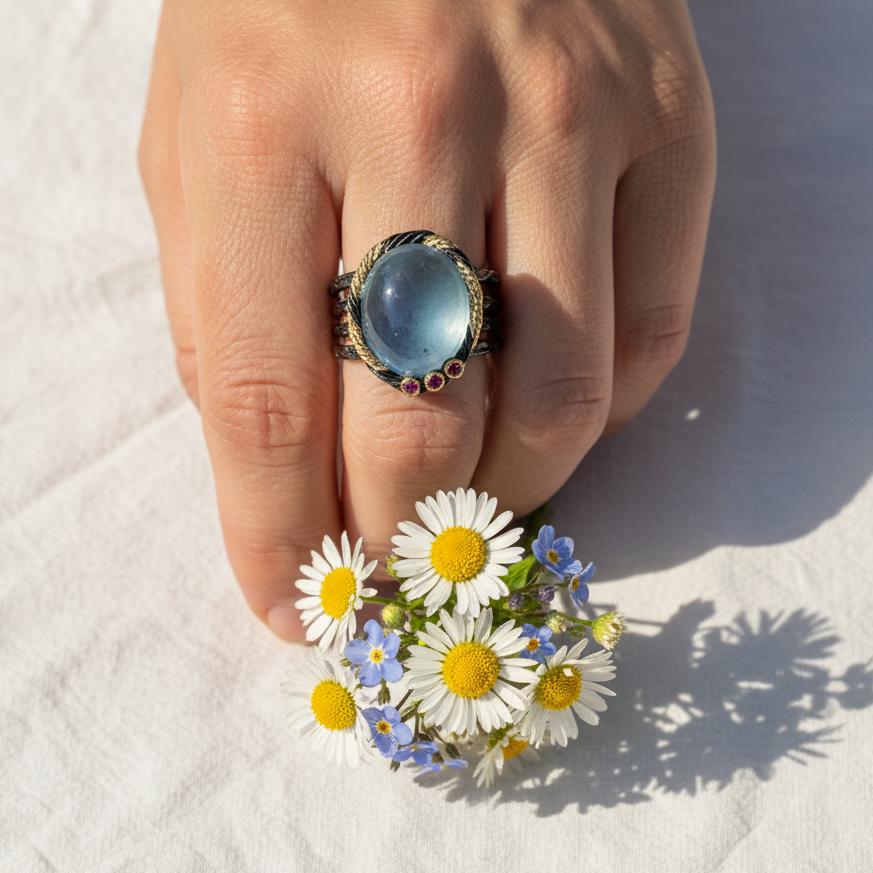 925 Sterling Silver Blue Aquamarine Ring, close-up detail