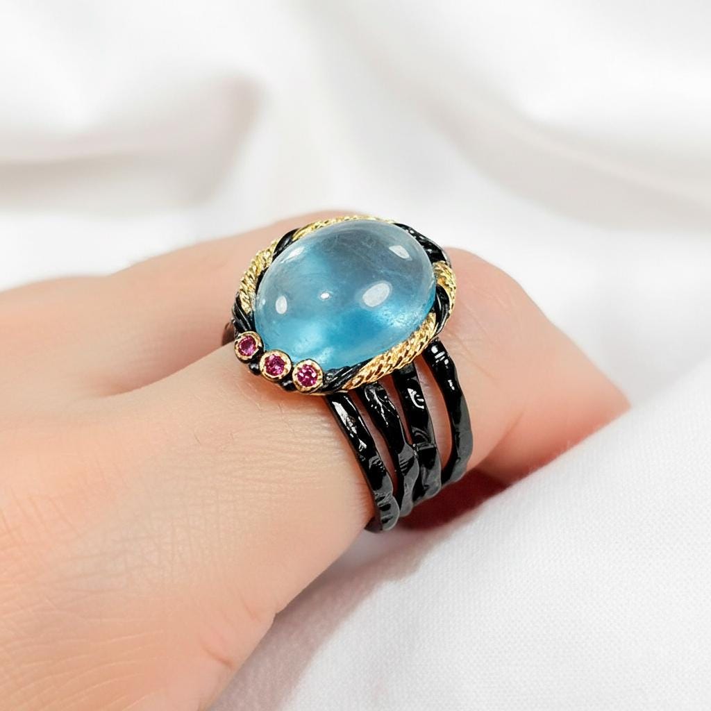 925 Sterling Silver Blue Aquamarine Ring, side view