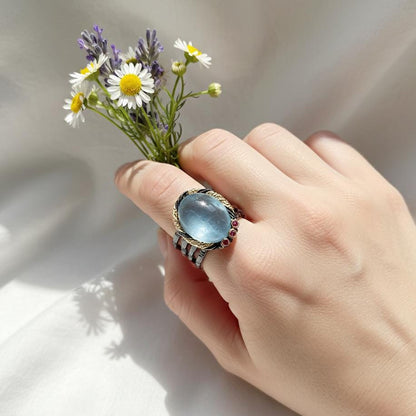 925 Sterling Silver Blue Aquamarine Ring, worn on hand