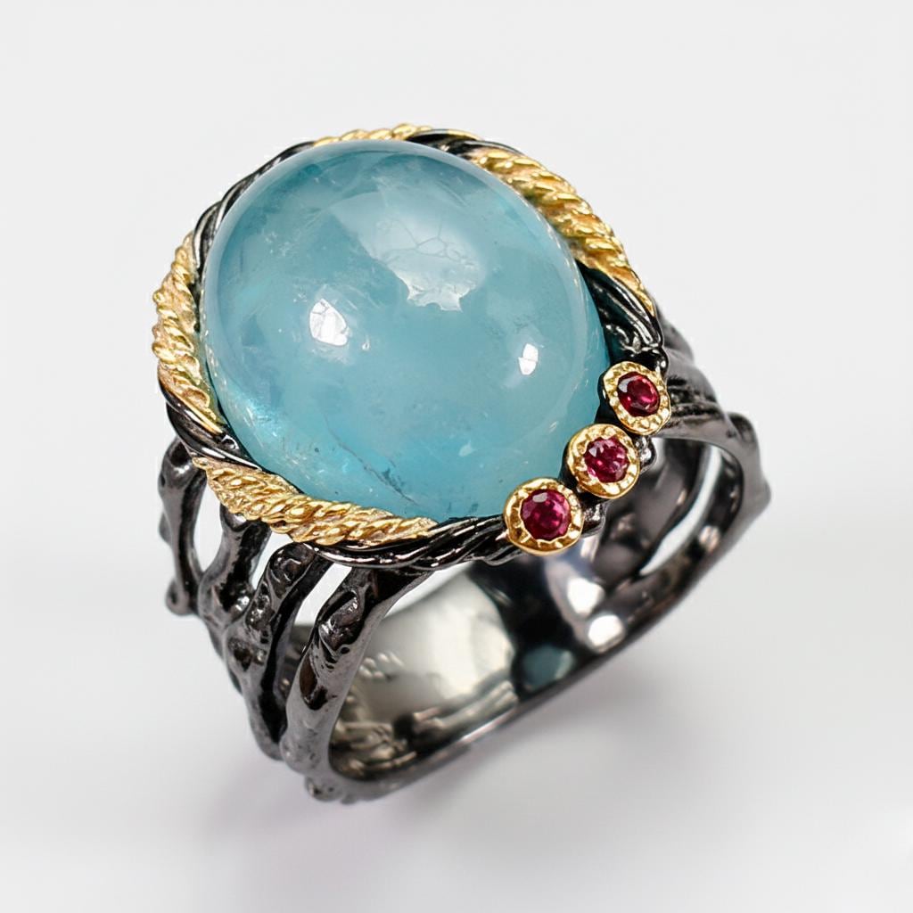 925 Sterling Silver Blue Aquamarine Ring, setting detail